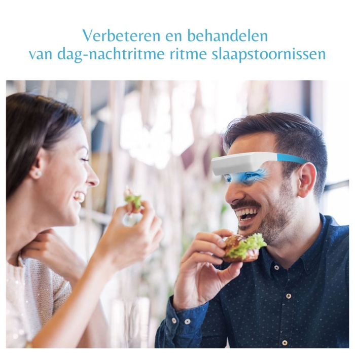 Close-up van de blauwe lichtmodus van de MedAes lichttherapiebril.