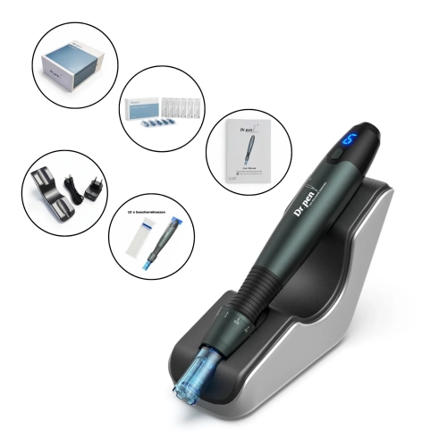 Dr. Pen A20 Microneedling Pen- inhoud- 10 × 14-pins cartridges-10 × beschermhoezen-inductieve oplaadbasis-adapter + kabel