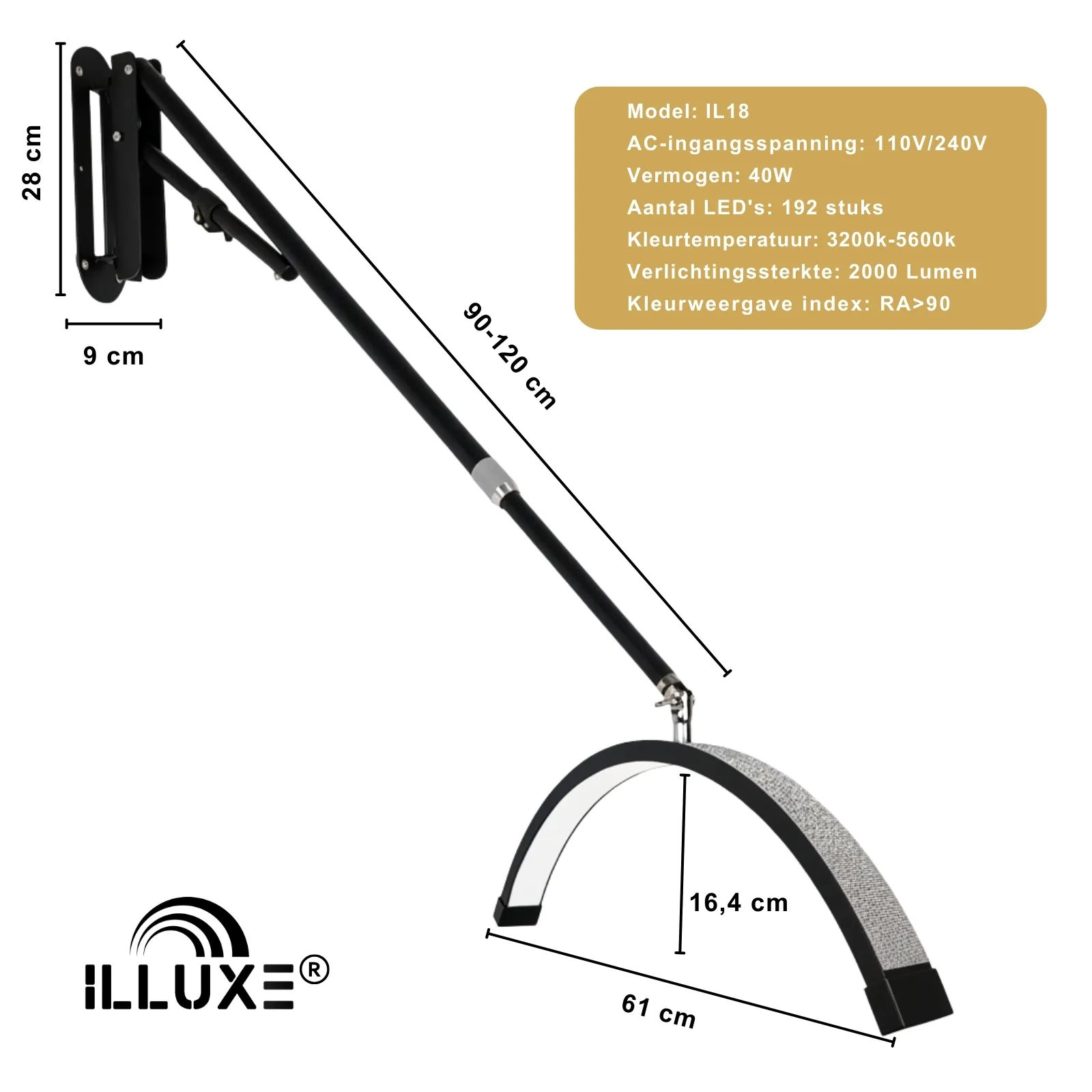 LED Moonlight wandlamp Illuxe IL18ZG - Zwart met glitters- koop bij MedAes- afmetingen