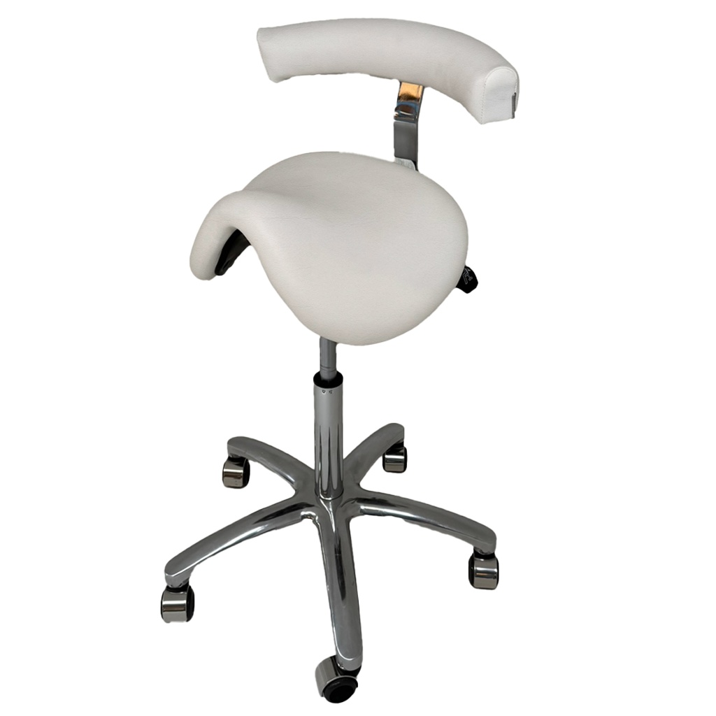 Bentlon Gold Pro White is een ergonomische zadelkruk met rugleuning en ponyzadel. De ideale pedicure kruk of tabouret met rugleuning voor professionals.